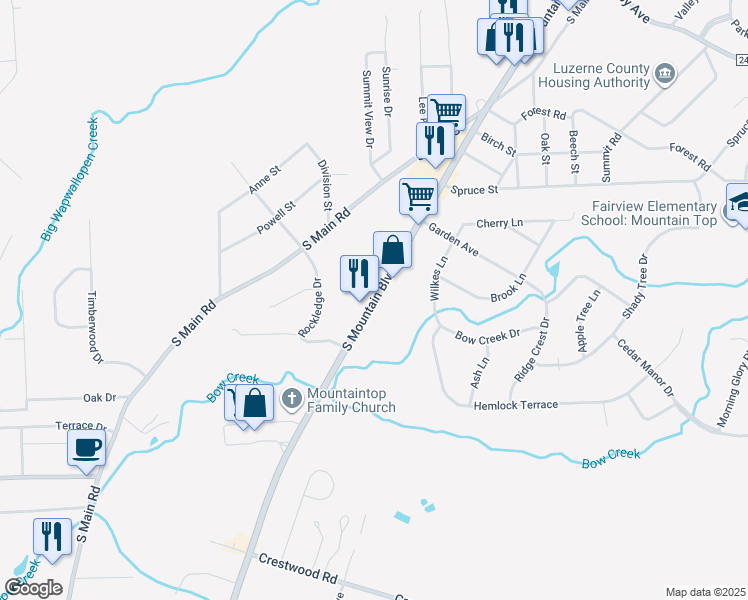 map of restaurants, bars, coffee shops, grocery stores, and more near 151-199 Highway 309 in Mountain Top