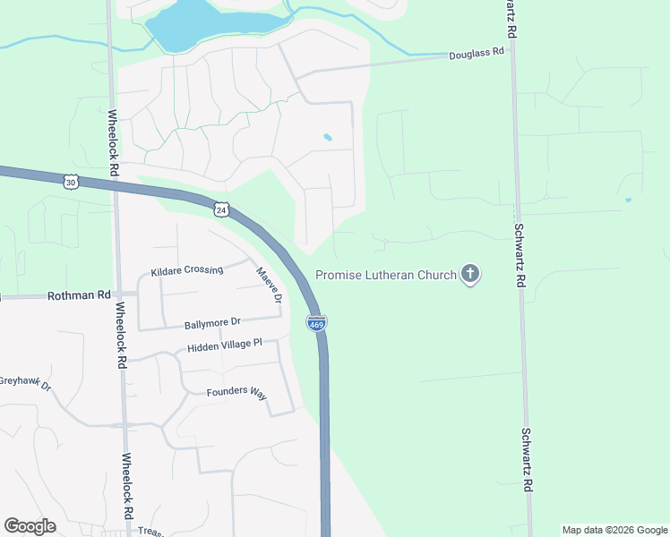 map of restaurants, bars, coffee shops, grocery stores, and more near Highway 24 in Fort Wayne