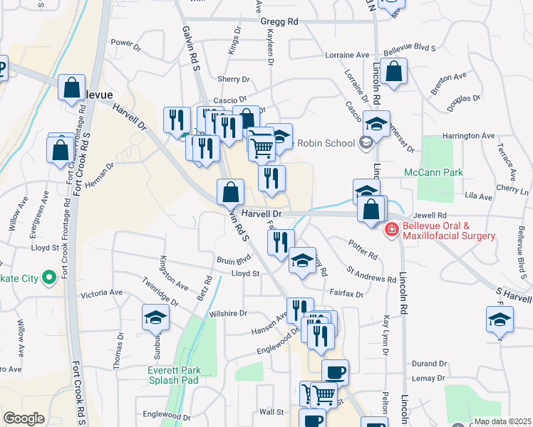 map of restaurants, bars, coffee shops, grocery stores, and more near 1601-1703 Harvell Drive in Bellevue