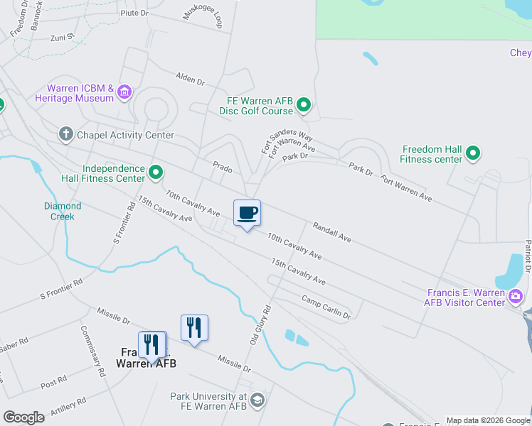map of restaurants, bars, coffee shops, grocery stores, and more near 6105 Randall Avenue in Warren Air Force Base