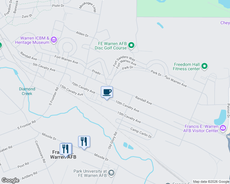 map of restaurants, bars, coffee shops, grocery stores, and more near 6105 Randall Avenue in Warren Air Force Base