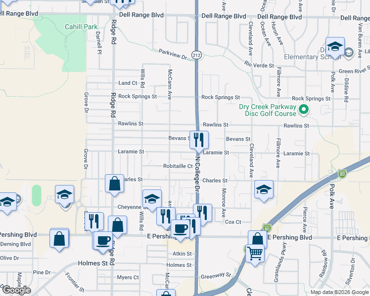 map of restaurants, bars, coffee shops, grocery stores, and more near 3923 Laramie St in Cheyenne