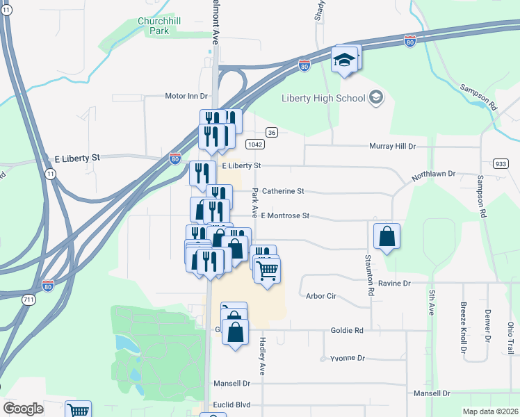 map of restaurants, bars, coffee shops, grocery stores, and more near 208 East Montrose Street in Youngstown