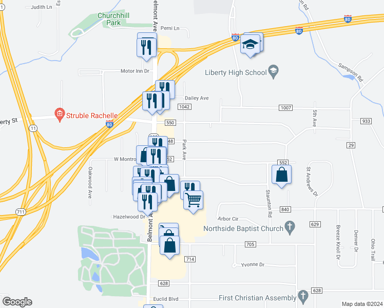 map of restaurants, bars, coffee shops, grocery stores, and more near 212 East Montrose Street in Youngstown