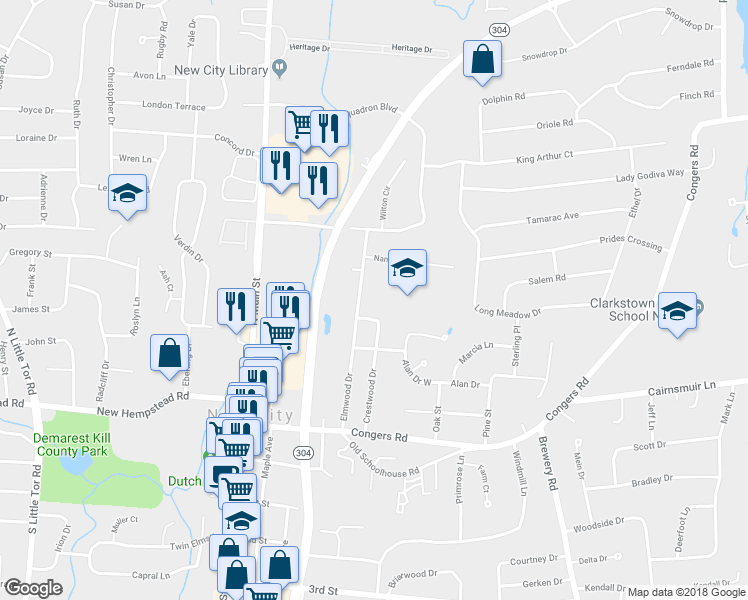 map of restaurants, bars, coffee shops, grocery stores, and more near 60 Crestwood Drive in New City