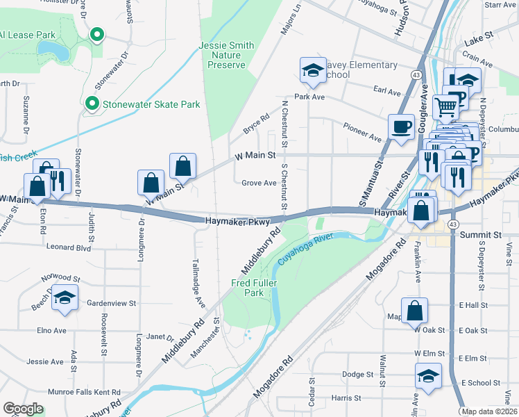 map of restaurants, bars, coffee shops, grocery stores, and more near 751 Stow Street in Kent