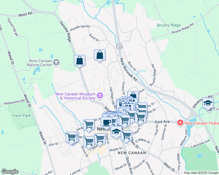 map of restaurants, bars, coffee shops, grocery stores, and more near 80 Heritage Hill Road in New Canaan