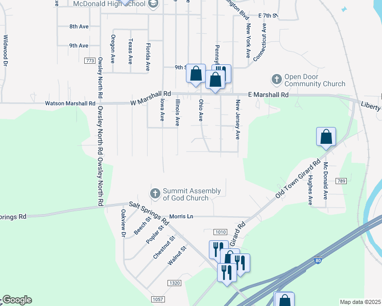 map of restaurants, bars, coffee shops, grocery stores, and more near 130 West Madison Street in McDonald