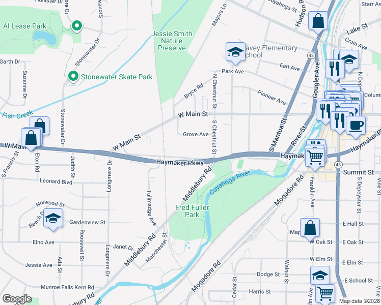 map of restaurants, bars, coffee shops, grocery stores, and more near 751 Stow Street in Kent