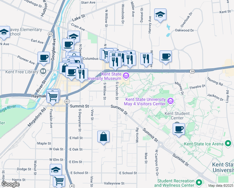 map of restaurants, bars, coffee shops, grocery stores, and more near 350 South Lincoln Street in Kent