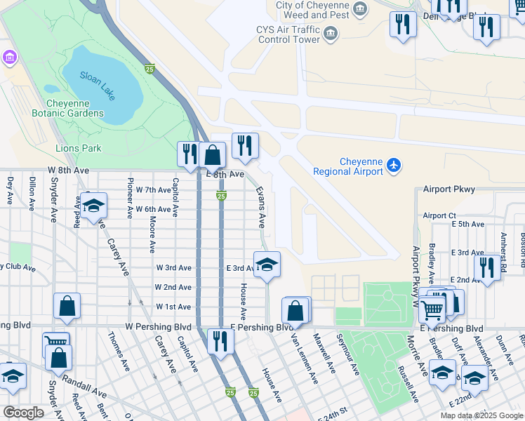 map of restaurants, bars, coffee shops, grocery stores, and more near 600 East 6th Avenue in Cheyenne