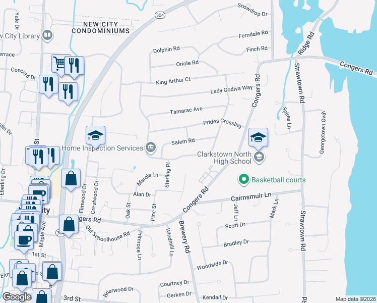 map of restaurants, bars, coffee shops, grocery stores, and more near 17 Long Meadow Drive in New City