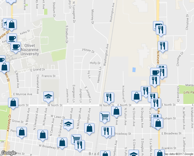 map of restaurants, bars, coffee shops, grocery stores, and more near 547 Hemlock Lane in Bradley