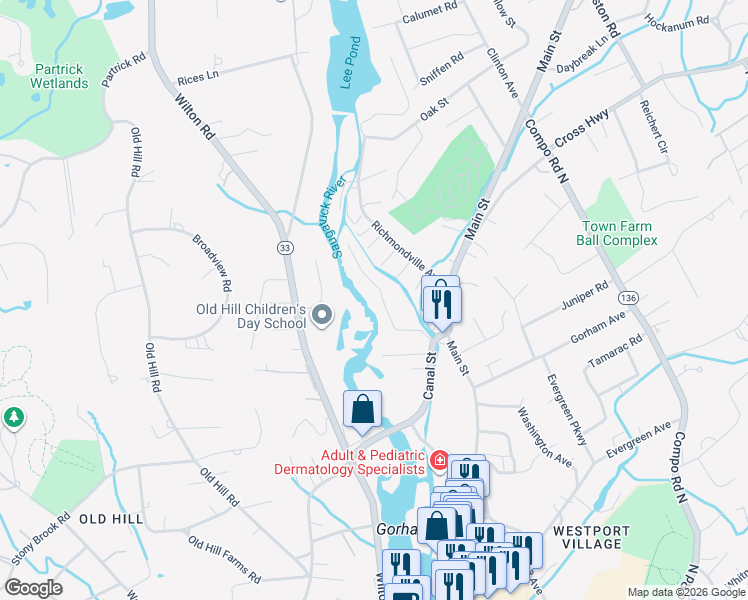 map of restaurants, bars, coffee shops, grocery stores, and more near 20 Woods Grove Road in Westport