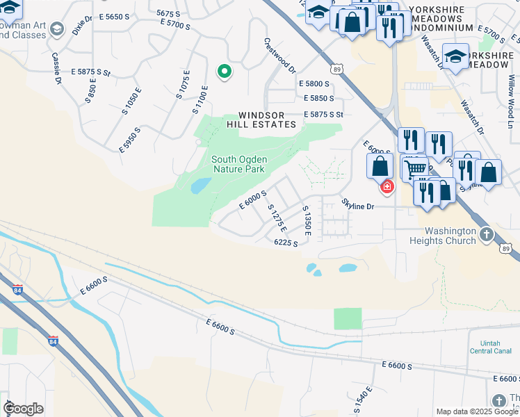 map of restaurants, bars, coffee shops, grocery stores, and more near 6054 South 1250 East in Ogden