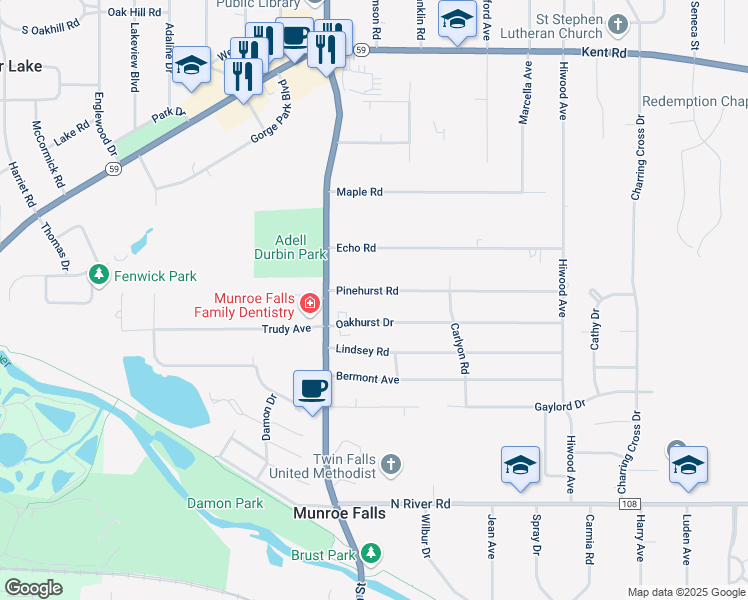 map of restaurants, bars, coffee shops, grocery stores, and more near 72 Oakhurst Drive in Munroe Falls