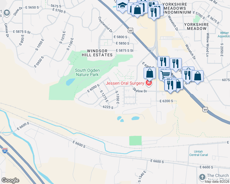 map of restaurants, bars, coffee shops, grocery stores, and more near 6154 1350 East in South Ogden