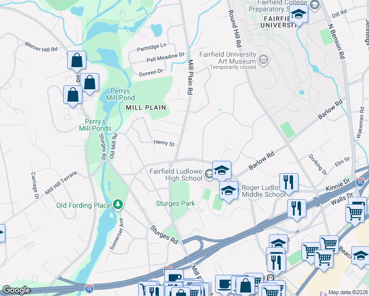 map of restaurants, bars, coffee shops, grocery stores, and more near 782 Mill Plain Road in Fairfield