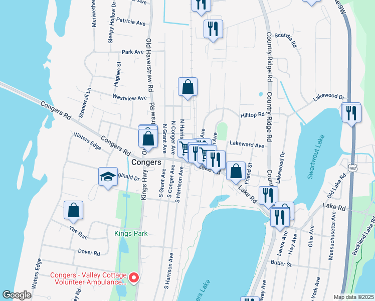 map of restaurants, bars, coffee shops, grocery stores, and more near 7 North Harrison Avenue in Congers