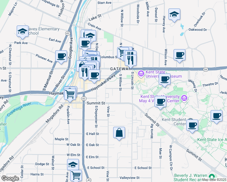 map of restaurants, bars, coffee shops, grocery stores, and more near 325 College Court in Kent