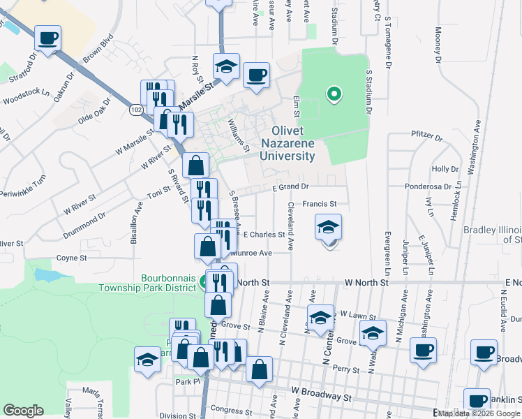 map of restaurants, bars, coffee shops, grocery stores, and more near 460 South Cryer Avenue in Bourbonnais