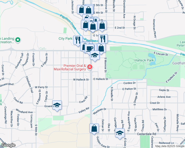 map of restaurants, bars, coffee shops, grocery stores, and more near 628 South Jefferson Street in Papillion