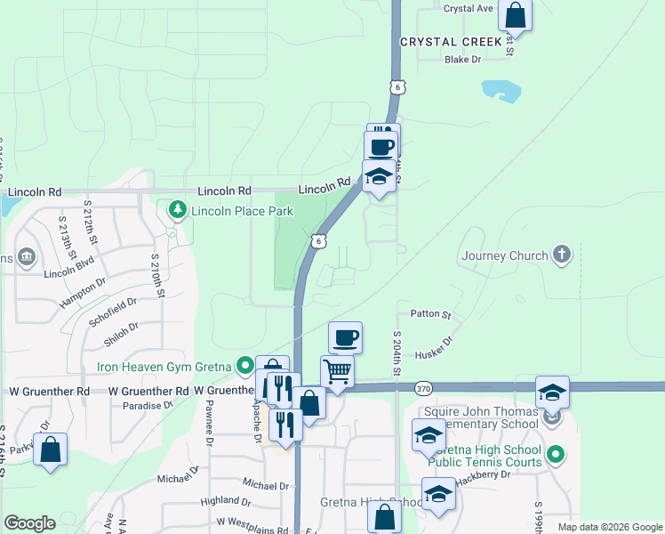 map of restaurants, bars, coffee shops, grocery stores, and more near 10820 South 204th Avenue Circle in Gretna