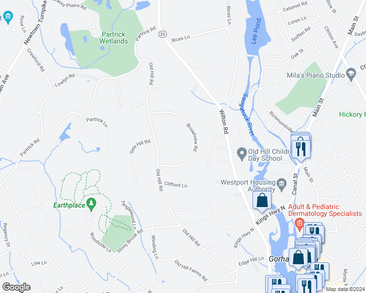 map of restaurants, bars, coffee shops, grocery stores, and more near 11 Broadview Road in Westport