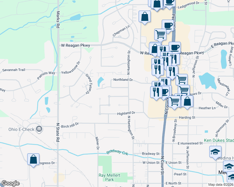map of restaurants, bars, coffee shops, grocery stores, and more near 340 Longview Road in Medina