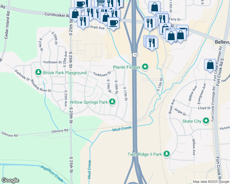 map of restaurants, bars, coffee shops, grocery stores, and more near 10808 South 18th Street in Bellevue