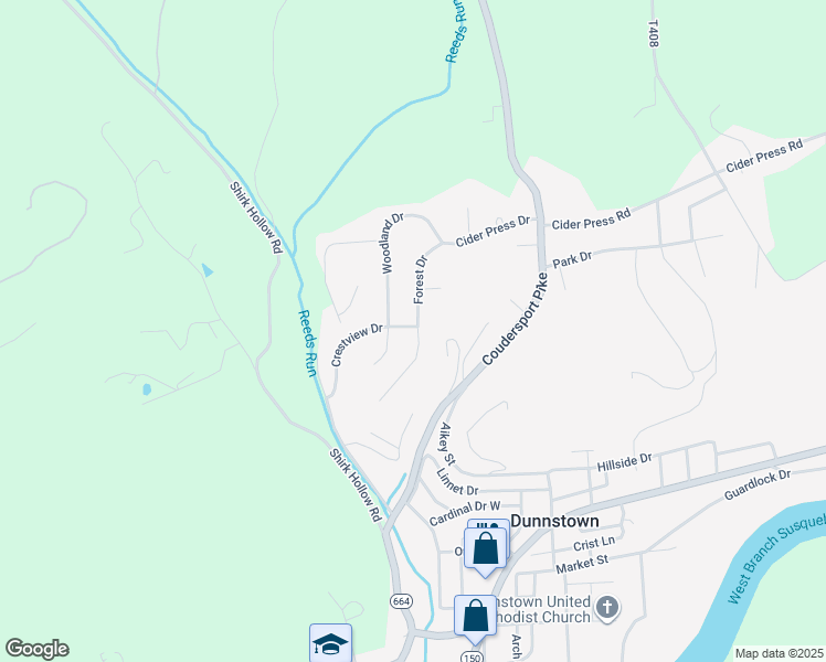 map of restaurants, bars, coffee shops, grocery stores, and more near 7 Crestview Drive in Lock Haven