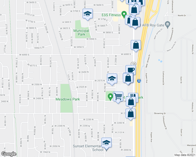 map of restaurants, bars, coffee shops, grocery stores, and more near 300 West 2575 North in Sunset