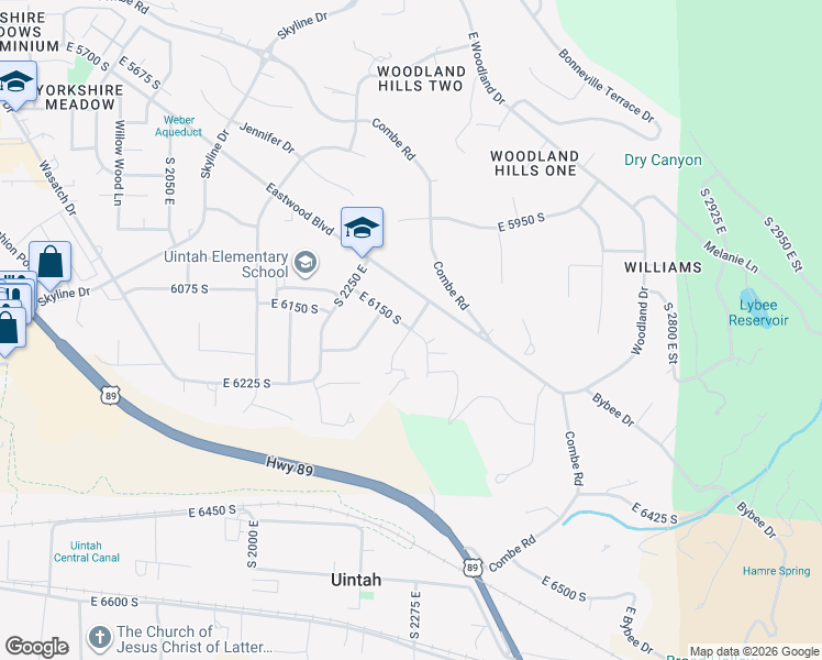 map of restaurants, bars, coffee shops, grocery stores, and more near 2349 East 6150 South in Ogden