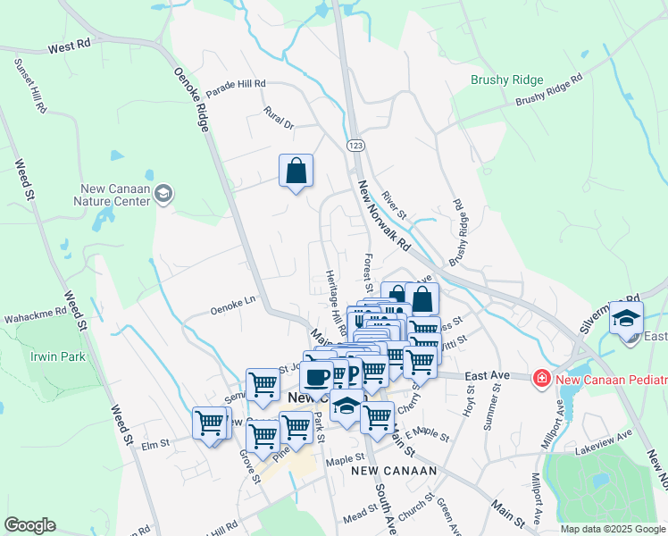 map of restaurants, bars, coffee shops, grocery stores, and more near 67 Heritage Hill Road in New Canaan