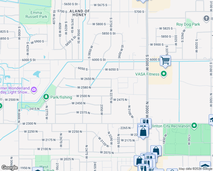 map of restaurants, bars, coffee shops, grocery stores, and more near 2314 West 2580 North in Clinton