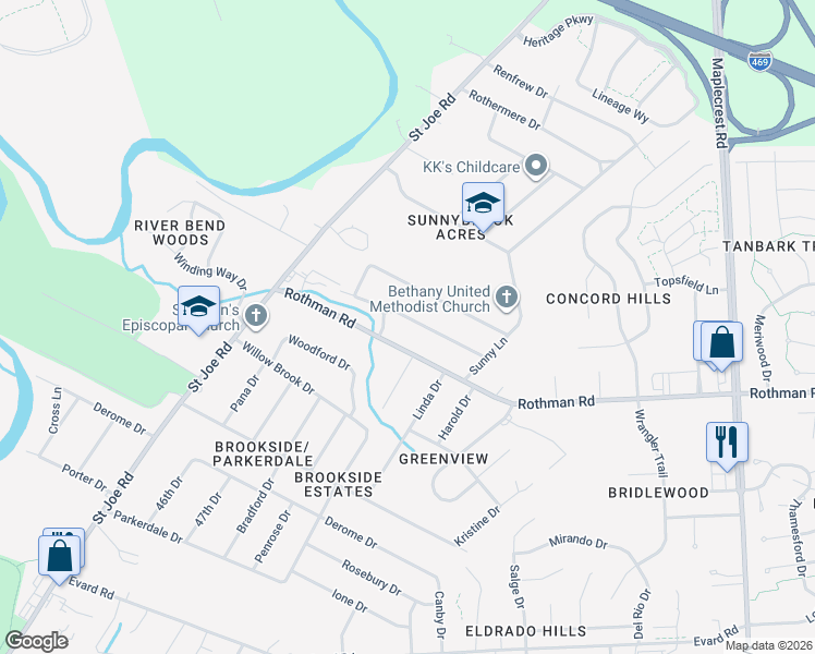 map of restaurants, bars, coffee shops, grocery stores, and more near 5209 Rothman Road in Fort Wayne