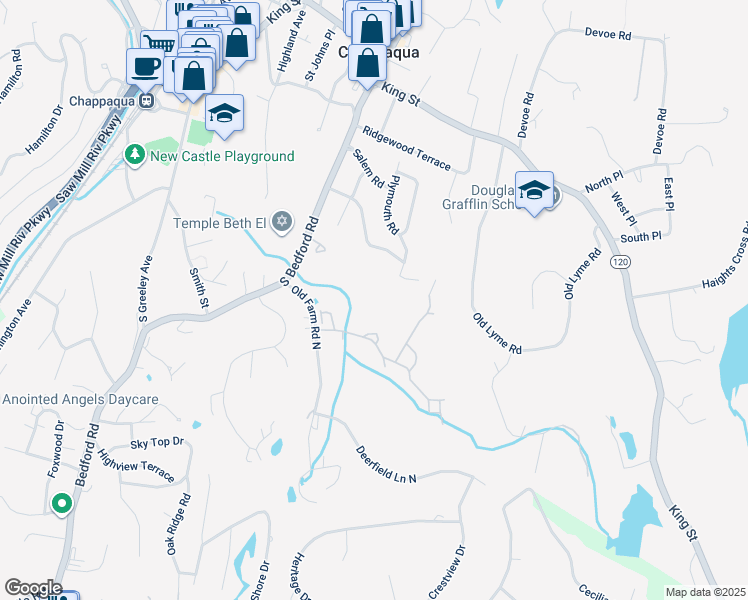 map of restaurants, bars, coffee shops, grocery stores, and more near 123 Stone Bridge Square in Chappaqua