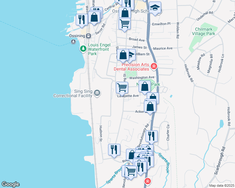 map of restaurants, bars, coffee shops, grocery stores, and more near 260 Spring Street in Ossining