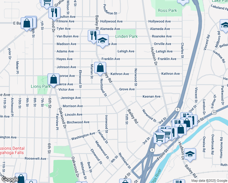 map of restaurants, bars, coffee shops, grocery stores, and more near 26 Jennings Avenue in Cuyahoga Falls