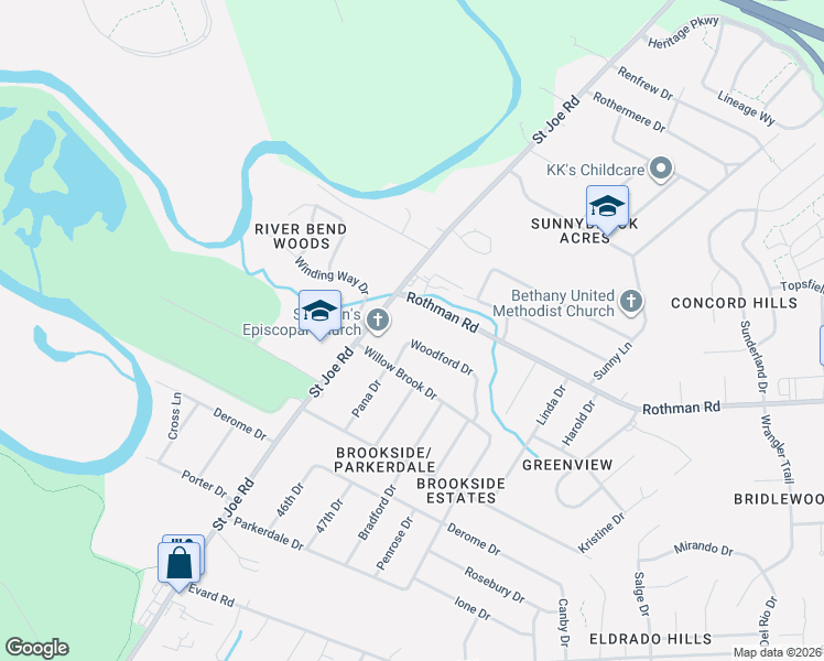 map of restaurants, bars, coffee shops, grocery stores, and more near 4901 Woodford Drive in Fort Wayne