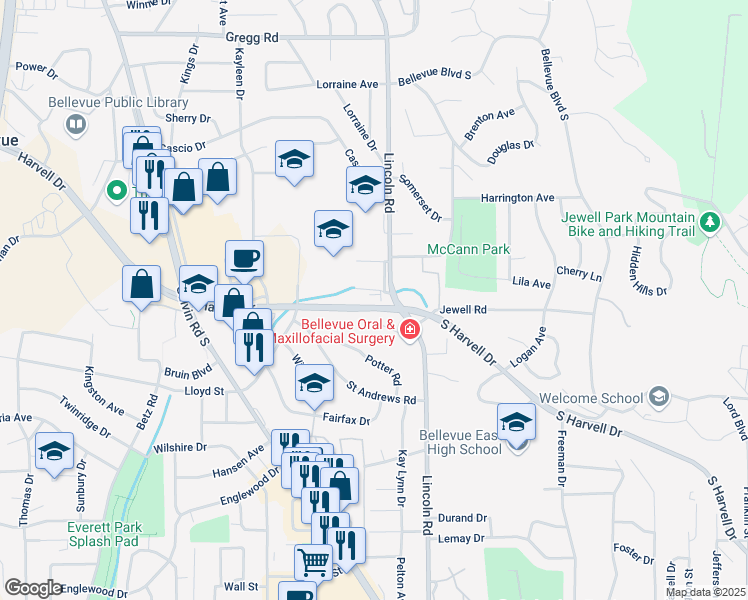 map of restaurants, bars, coffee shops, grocery stores, and more near 814 Lincoln Road in Bellevue