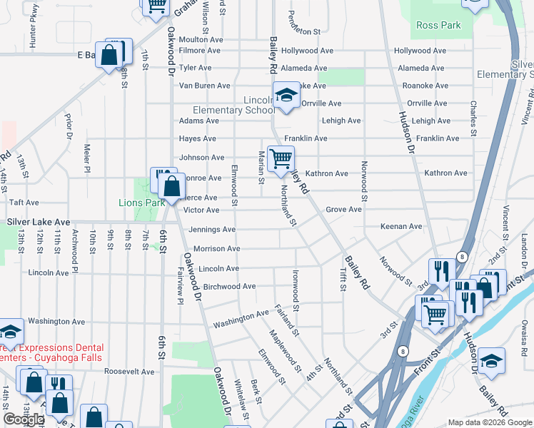 map of restaurants, bars, coffee shops, grocery stores, and more near 54 Victor Avenue in Cuyahoga Falls