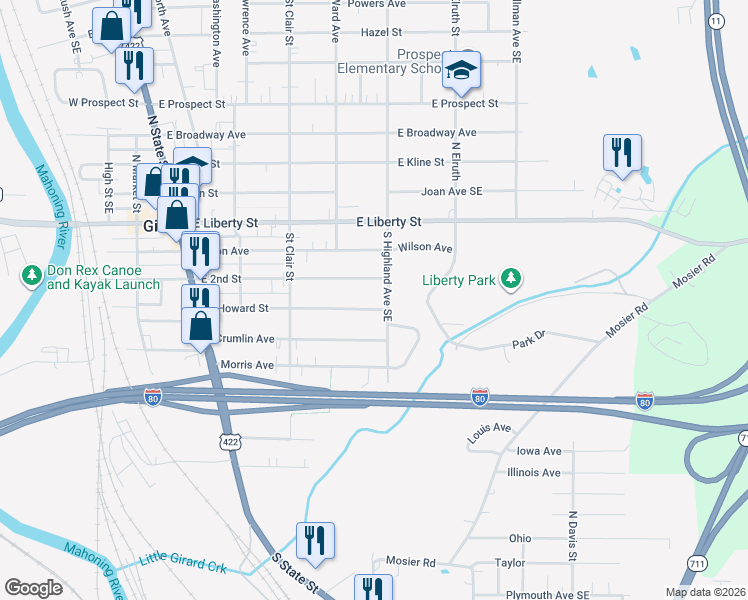 map of restaurants, bars, coffee shops, grocery stores, and more near 299 East Howard Street in Girard