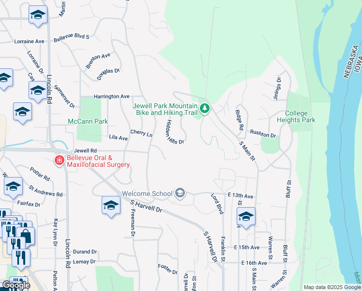 map of restaurants, bars, coffee shops, grocery stores, and more near 820 Hidden Hills Drive in Bellevue