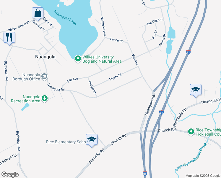 map of restaurants, bars, coffee shops, grocery stores, and more near 5053 Nuangola Road in Mountain Top