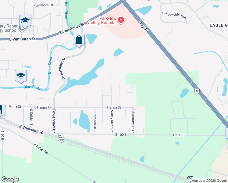 map of restaurants, bars, coffee shops, grocery stores, and more near 685 Valley River Drive in Columbia City