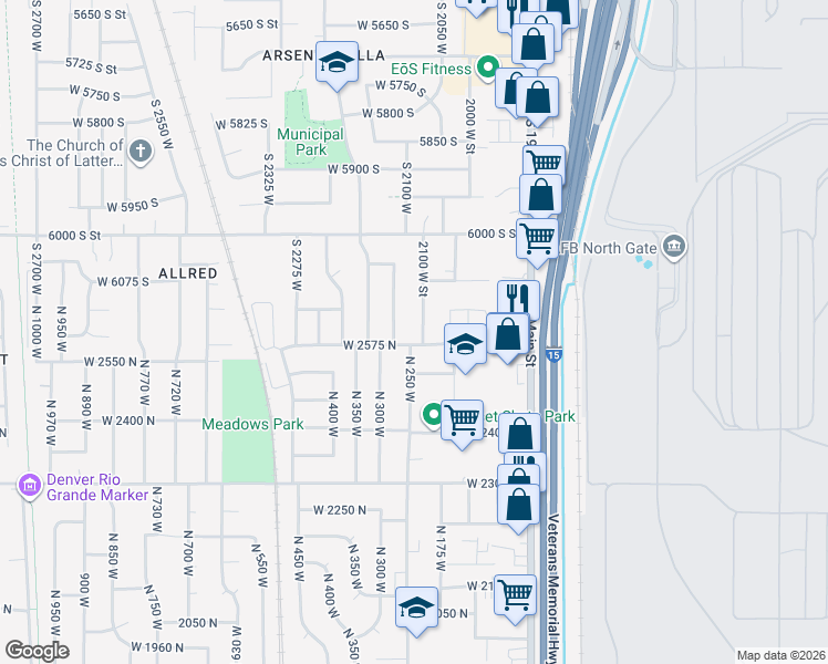 map of restaurants, bars, coffee shops, grocery stores, and more near 2564 North 250 West in Sunset