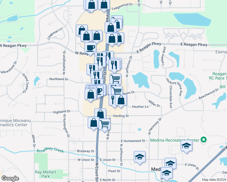 map of restaurants, bars, coffee shops, grocery stores, and more near 275 Forest Meadows Drive in Medina