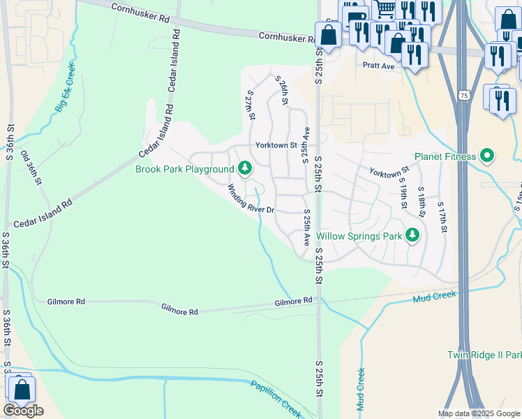map of restaurants, bars, coffee shops, grocery stores, and more near 10805 Winding River Drive in Bellevue