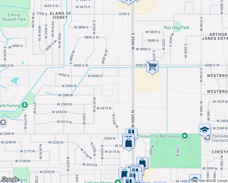 map of restaurants, bars, coffee shops, grocery stores, and more near 2502 North 2100 West in Clinton
